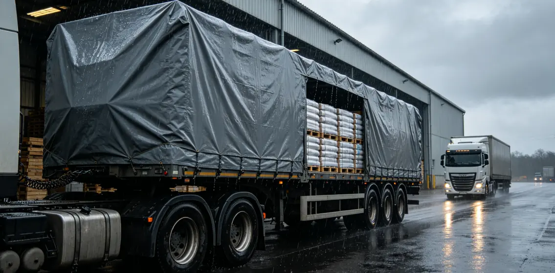 PVC truck tarpaulin cover protecting logistics cargo in transit