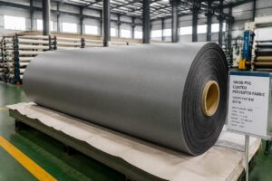 1000D PVC coated polyester fabric roll displayed in factory warehouse