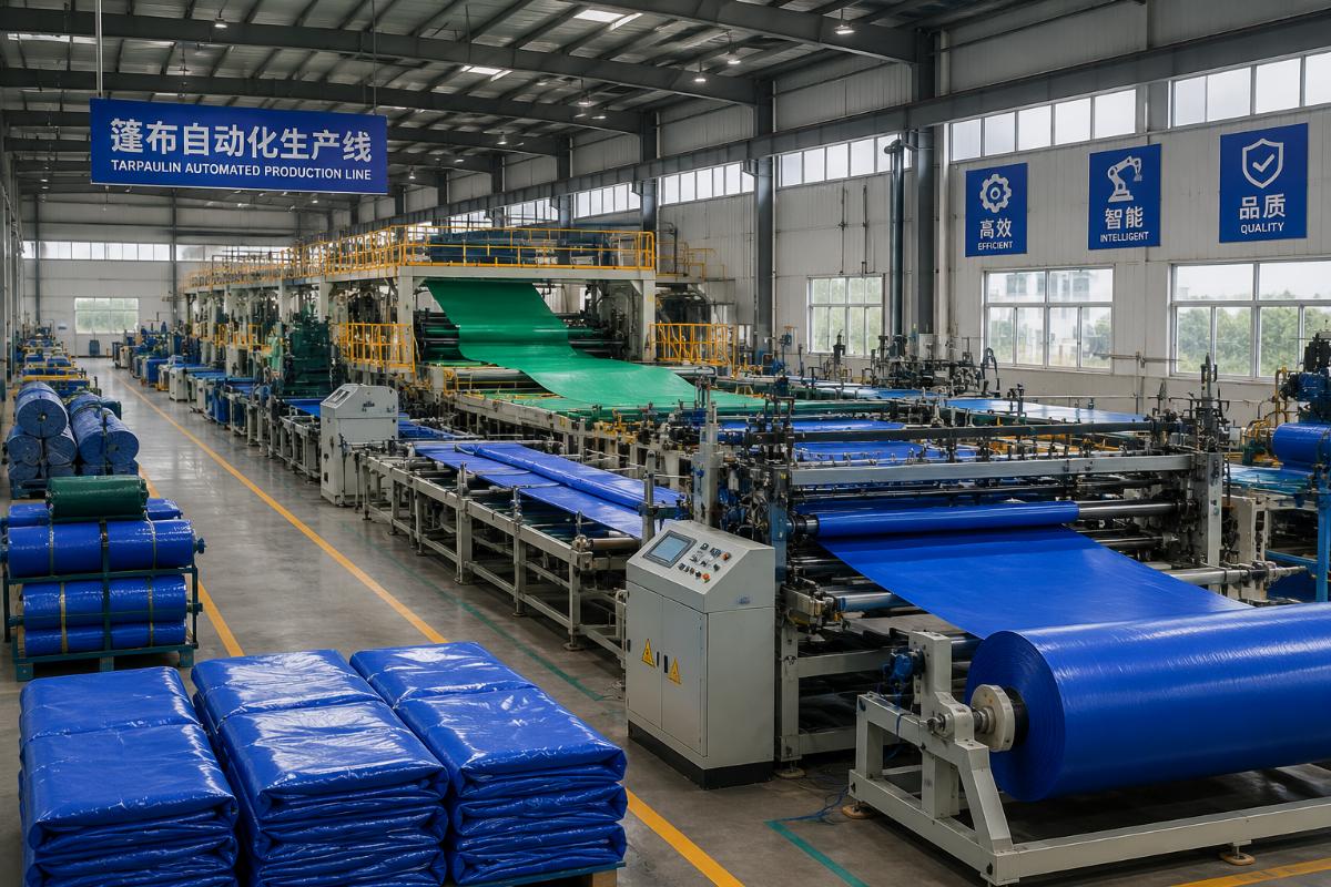 A factory floor with automated production lines for tarpaulin manufacturing