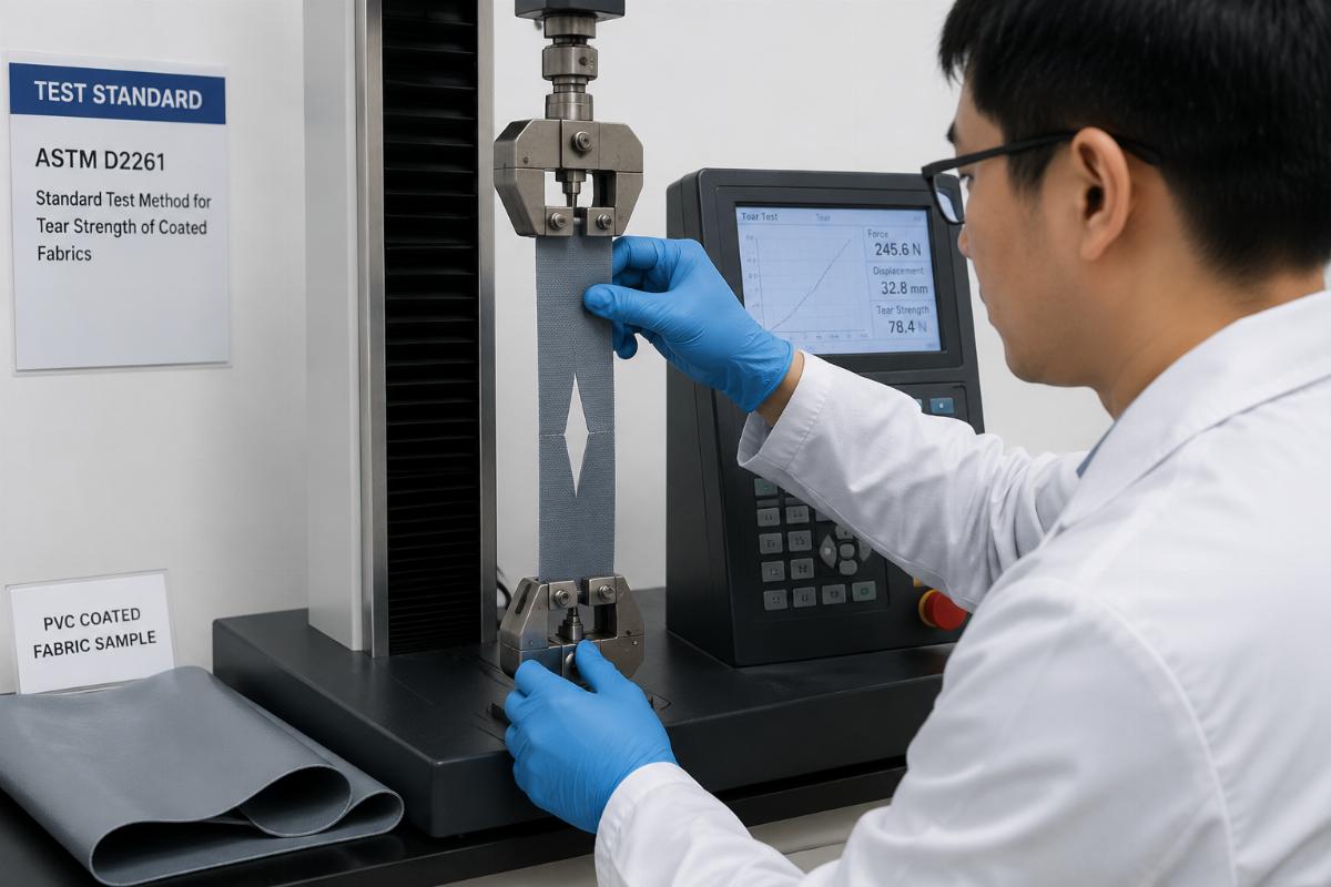 A lab technician testing the tear resistance of a PVC coated fabric sample