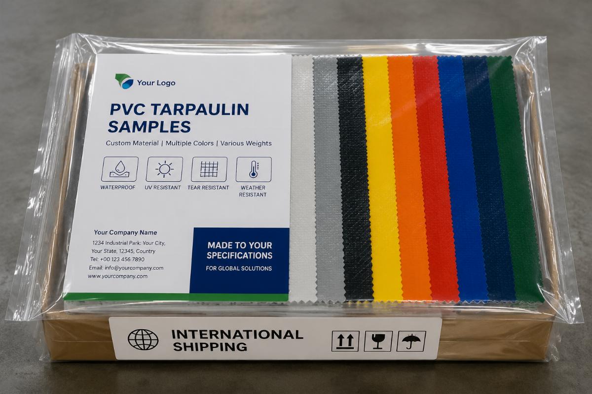 A package of custom PVC tarpaulin samples ready for international shipping