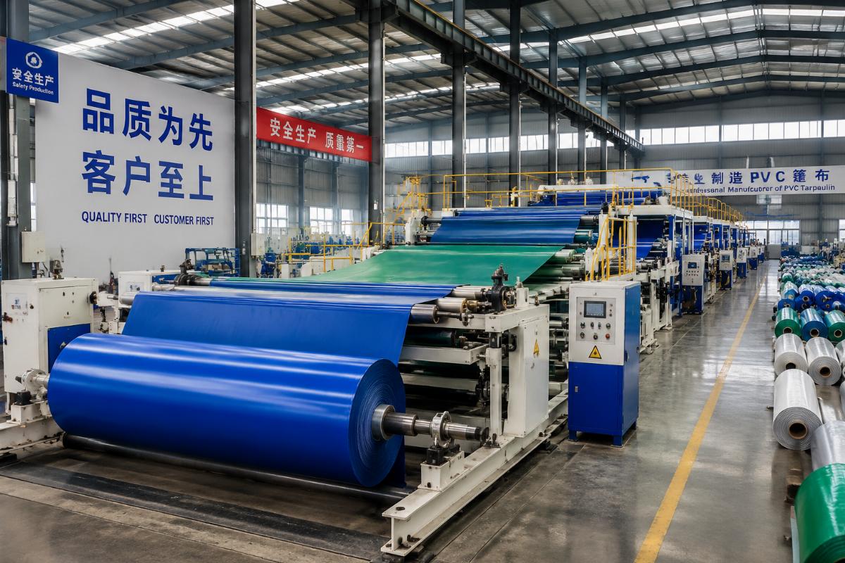 A production line running custom PVC tarpaulin rolls in a large Chinese factory facility