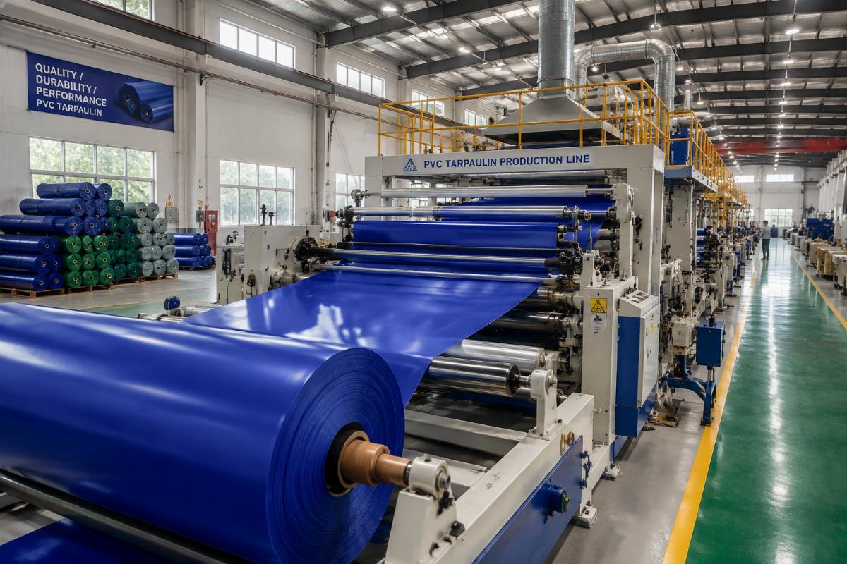A production line view inside a modern PVC tarpaulin manufacturing facility