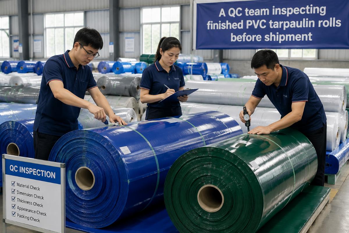 A QC team inspecting finished PVC tarpaulin rolls before shipment