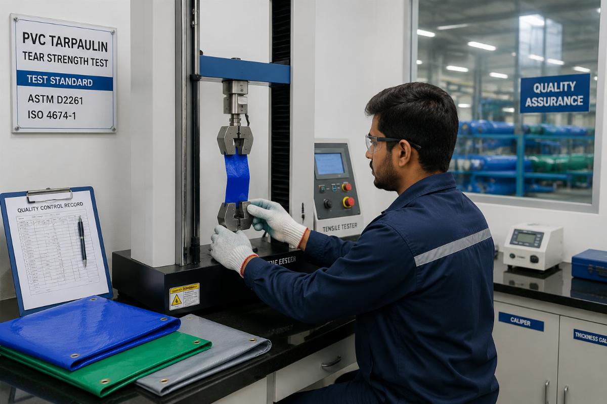A quality control technician testing PVC tarpaulin tear strength in a factory lab