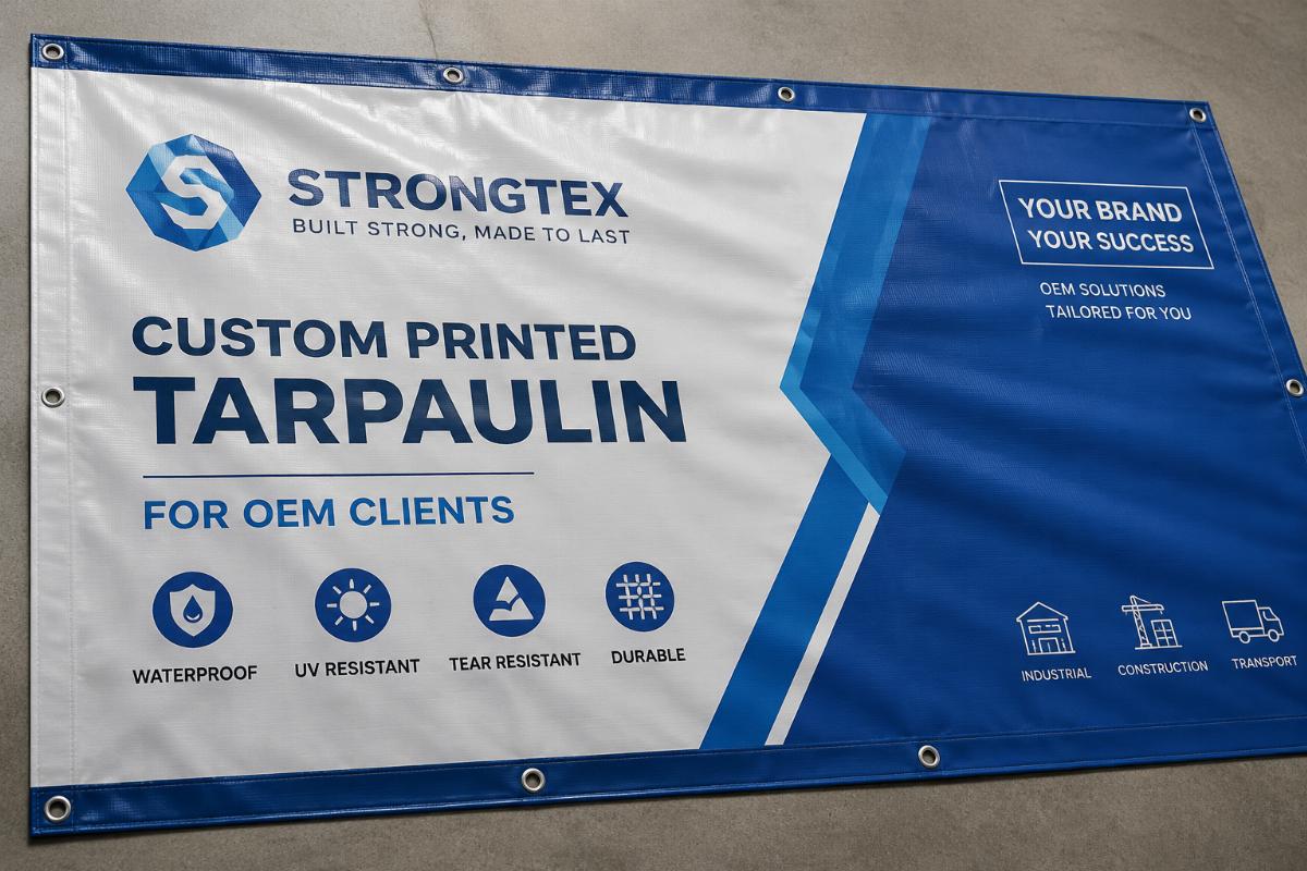 A sample of custom printed tarpaulin with brand markings for OEM clients
