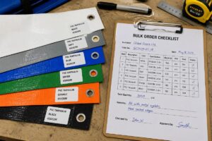 A set of labeled PVC tarpaulin swatches laid out on a workbench next to a bulk order checklist