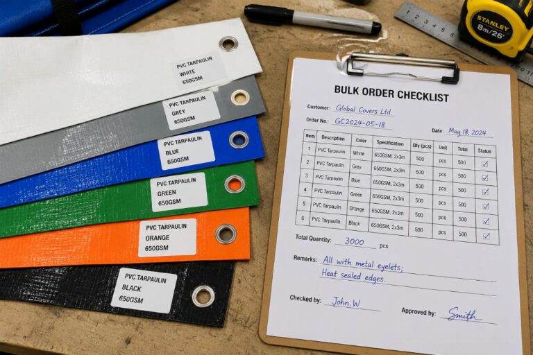 A set of labeled PVC tarpaulin swatches laid out on a workbench next to a bulk order checklist
