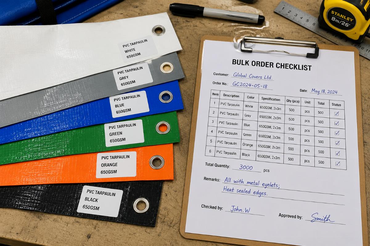 A set of labeled PVC tarpaulin swatches laid out on a workbench next to a bulk order checklist