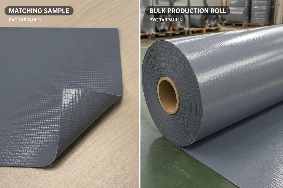 A side-by-side comparison of a matching PVC tarpaulin sample and bulk production roll