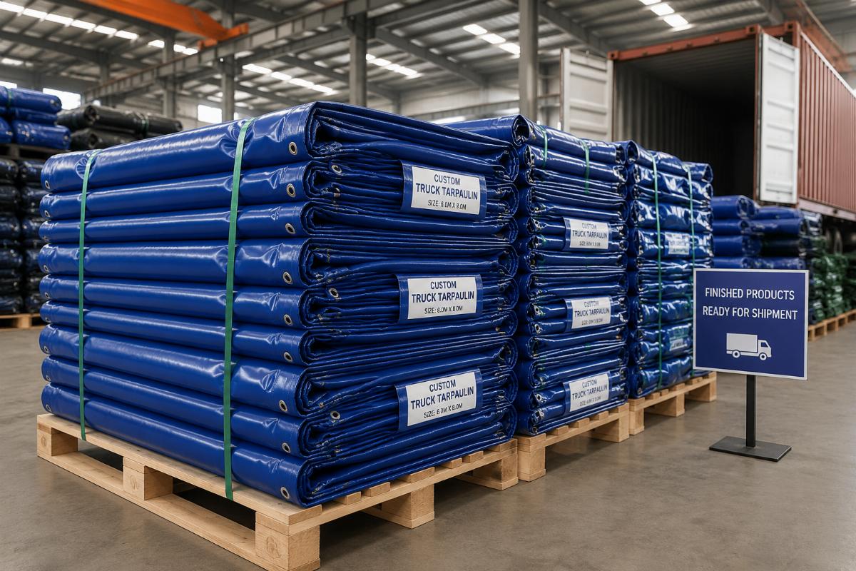 A stack of finished custom truck tarpaulins ready for shipment