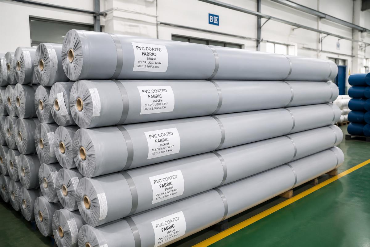 A stack of uniform, labeled PVC coated fabric rolls in a clean factory storage area