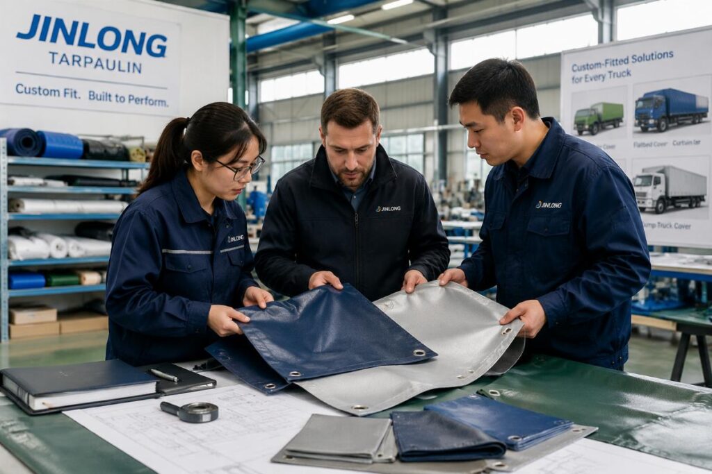 A team inspects custom-fitted truck tarpaulin samples in a well-lit factory workshop