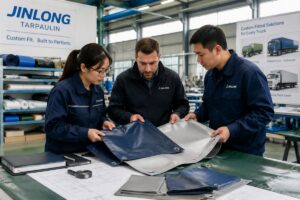 A team inspects custom-fitted truck tarpaulin samples in a well-lit factory workshop