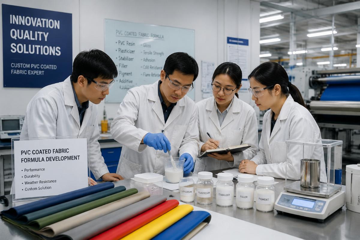 A team of R&D staff adjusting a custom PVC coated fabric formula in a factory lab