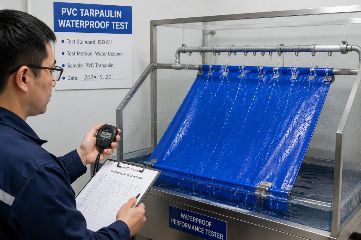 A technician testing the waterproof performance of a PVC tarpaulin sample