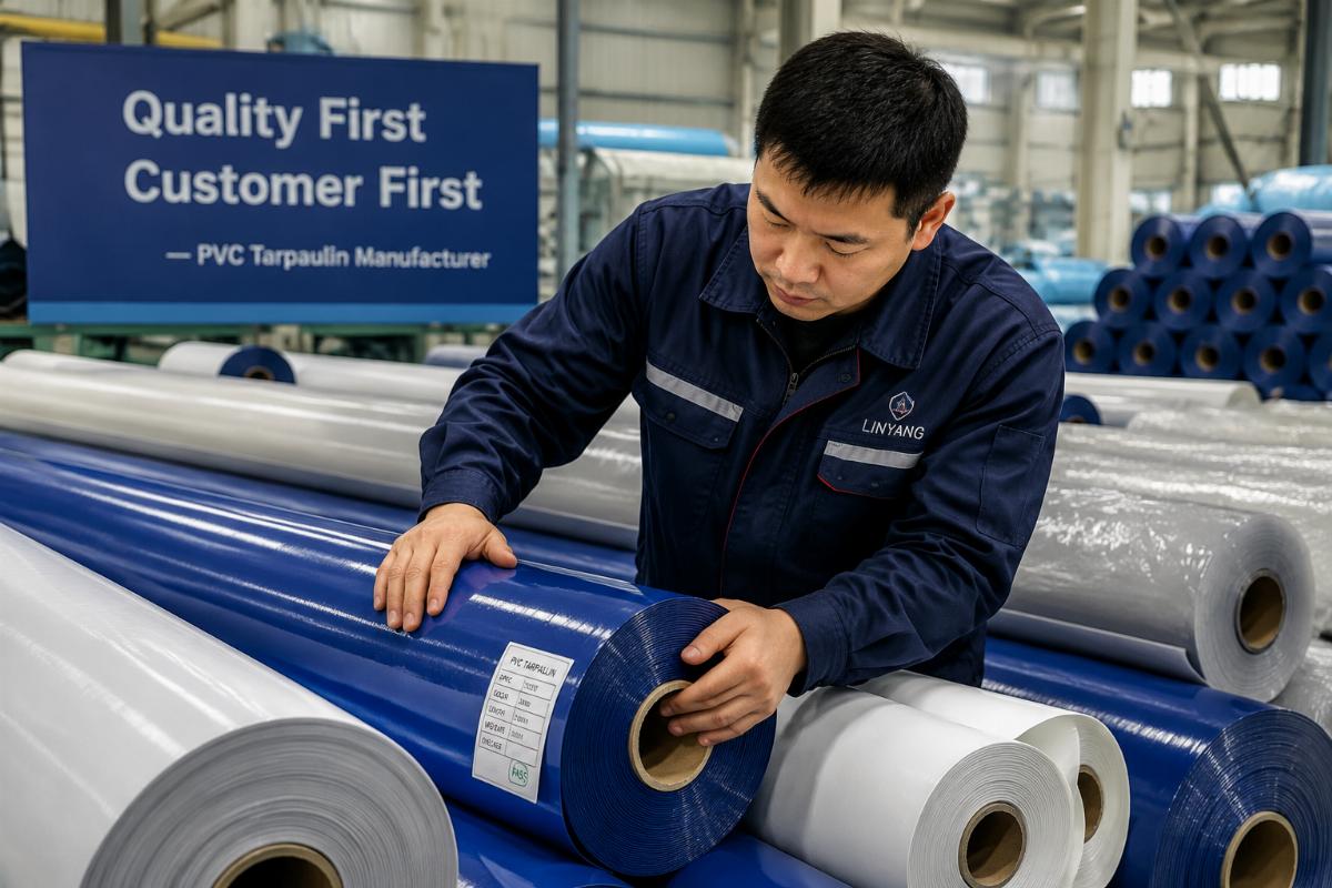 A worker inspecting finished PVC tarpaulin rolls before packaging