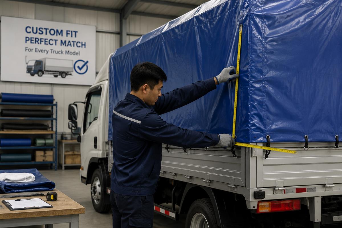A worker measures a custom-fitted truck tarpaulin to match a specific vehicle model