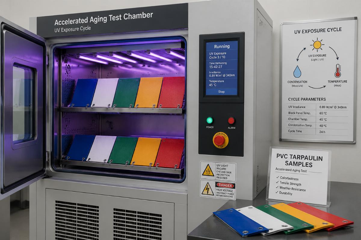 Accelerated aging test chamber running UV exposure cycles for PVC tarpaulin samples