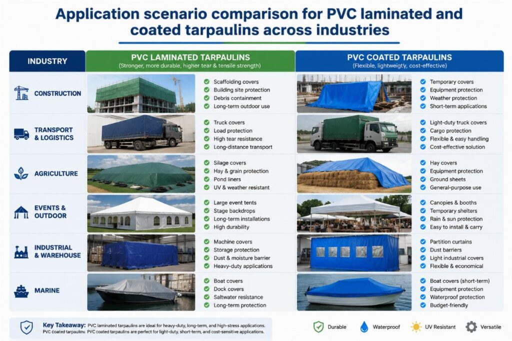 Application scenario comparison for PVC laminated and coated tarpaulins across industries