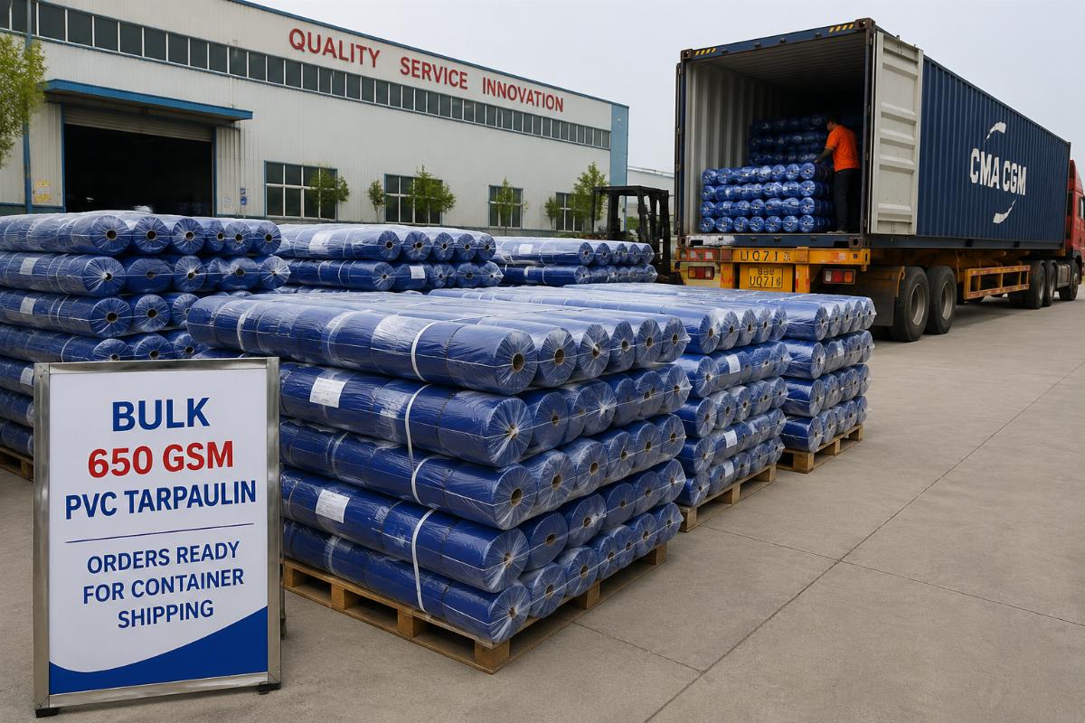 Bulk 650 GSM PVC tarpaulin orders ready for container shipping at a factory yard