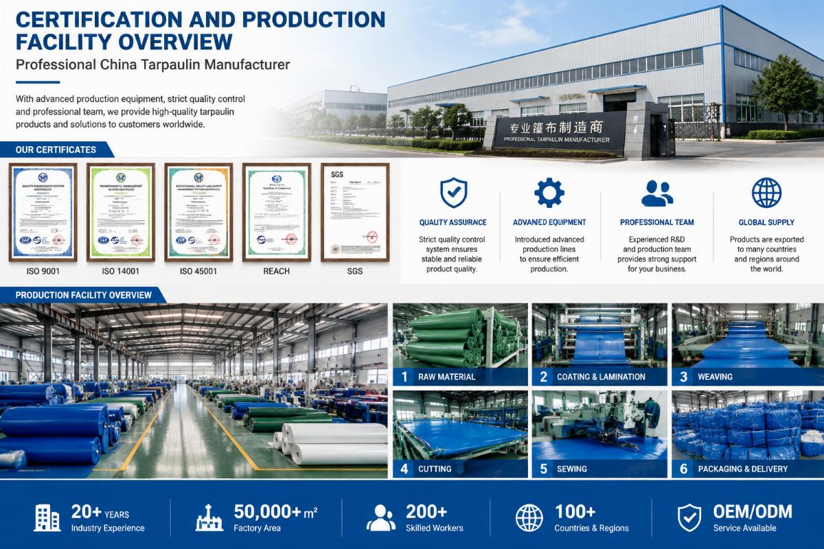 Certification and production facility overview of a professional China tarpaulin manufacturer