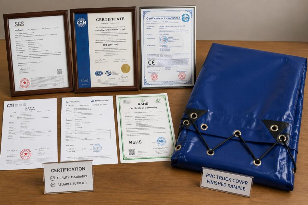 Certification documents laid out next to a finished PVC truck cover sample