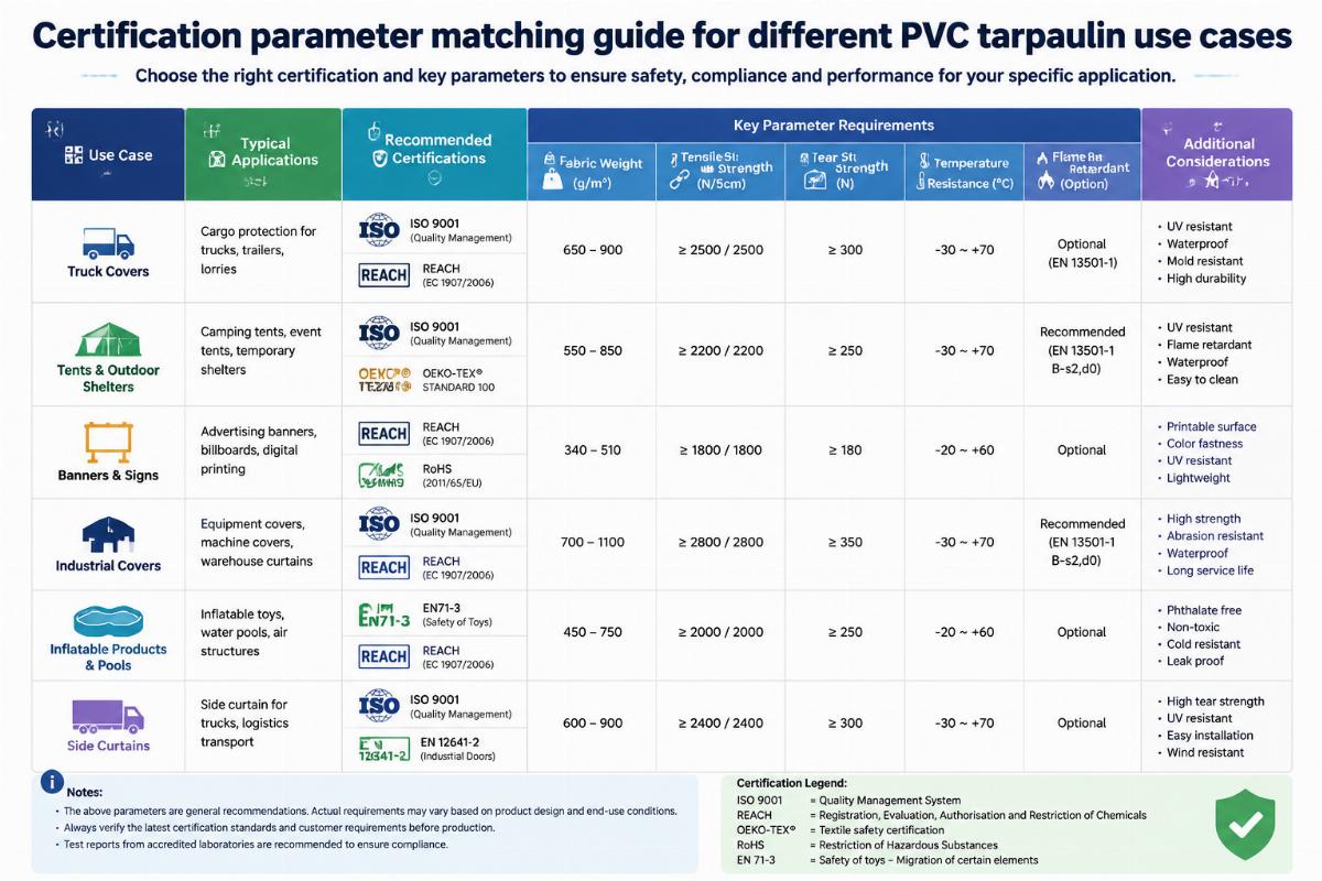 Certification parameter matching guide for different PVC tarpaulin use cases