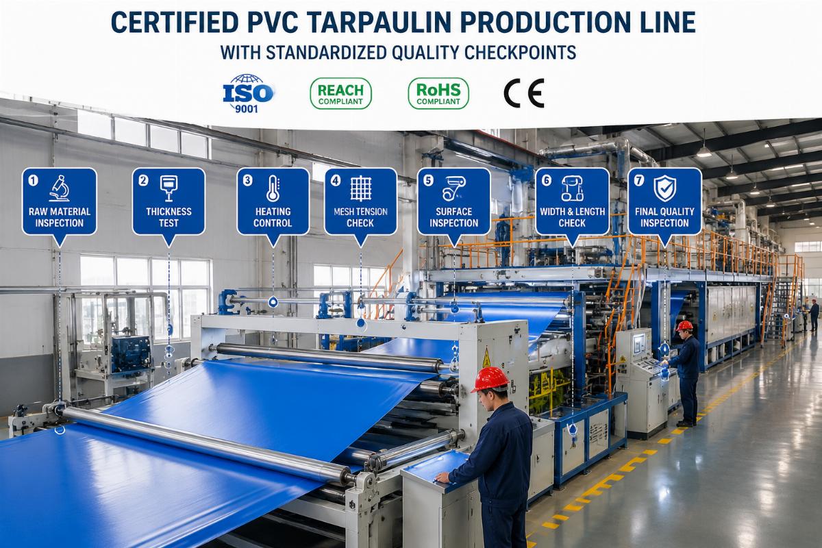 Certified PVC tarpaulin production line with standardized quality checkpoints