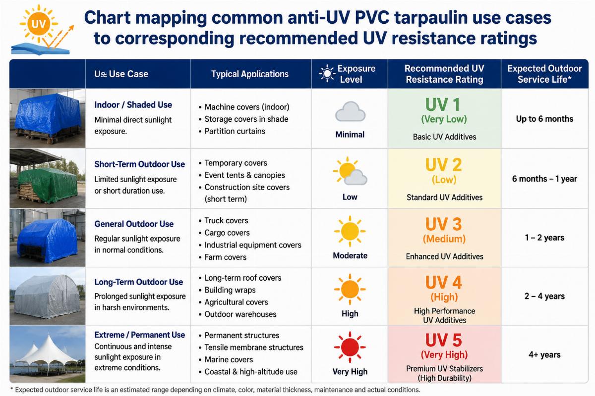 Chart mapping common anti-UV PVC tarpaulin use cases to corresponding recommended UV resistance ratings