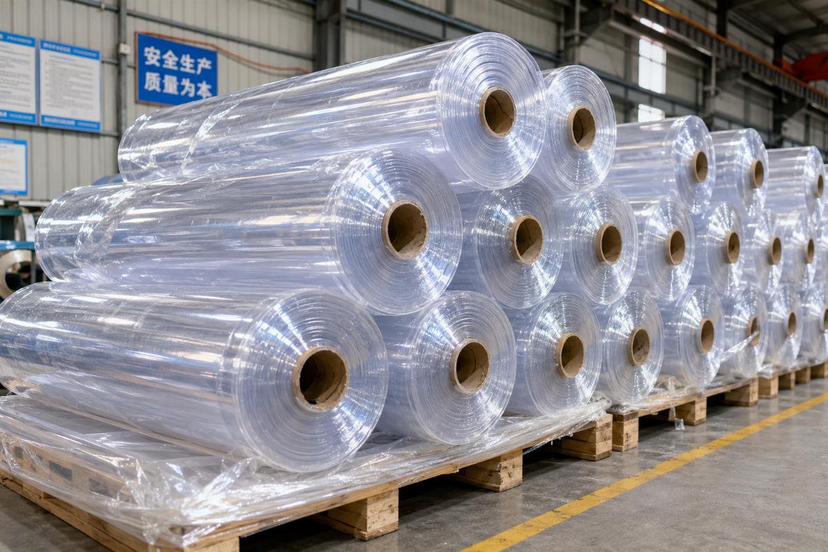 Clear transparent PVC tarpaulin rolls stacked in factory warehouse