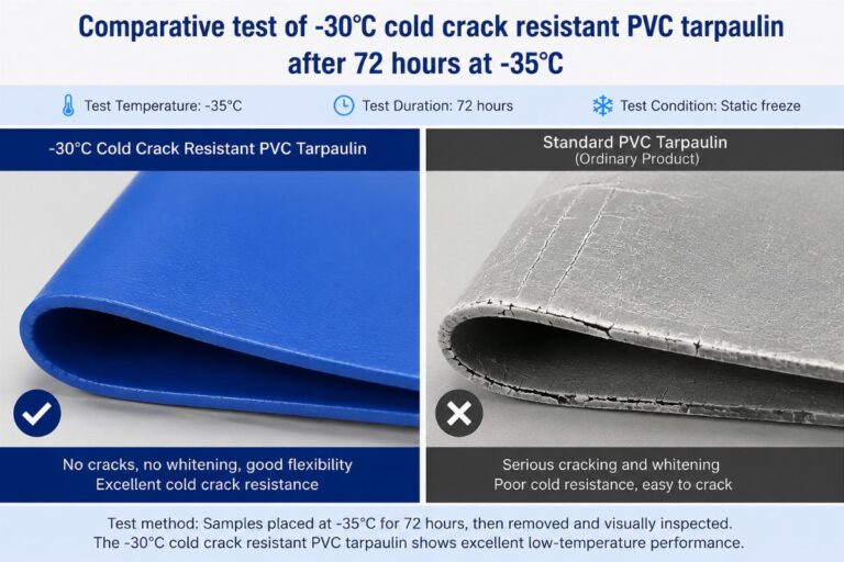 Comparative test of -30°C cold crack resistant PVC tarpaulin after 72 hours at -35°C