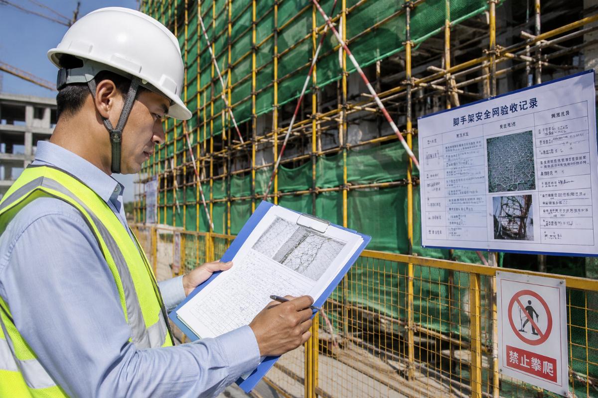 Construction site safety inspector reviewing scaffold netting documentation during on-site audit