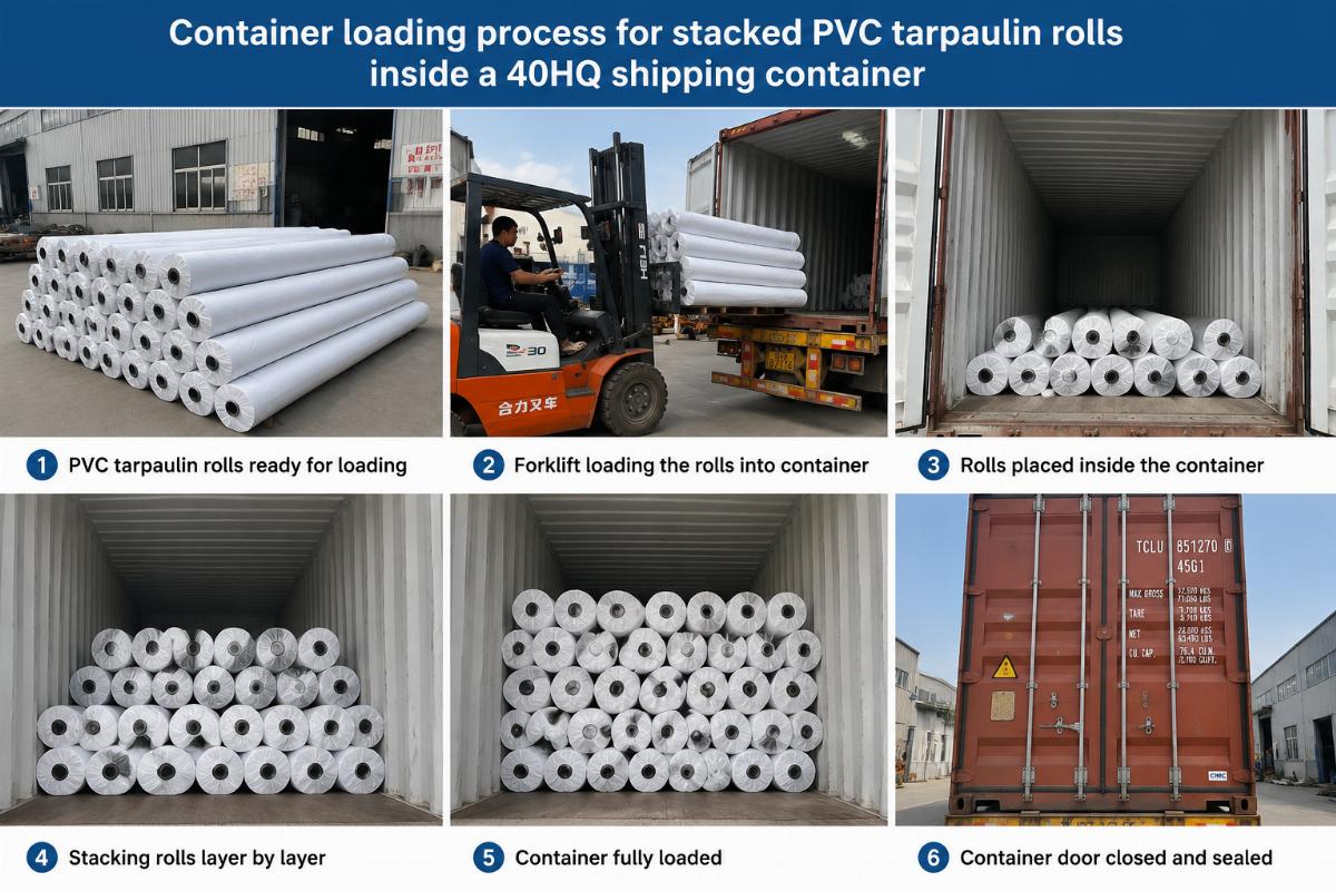Container loading process for stacked PVC tarpaulin rolls inside a 40HQ shipping container