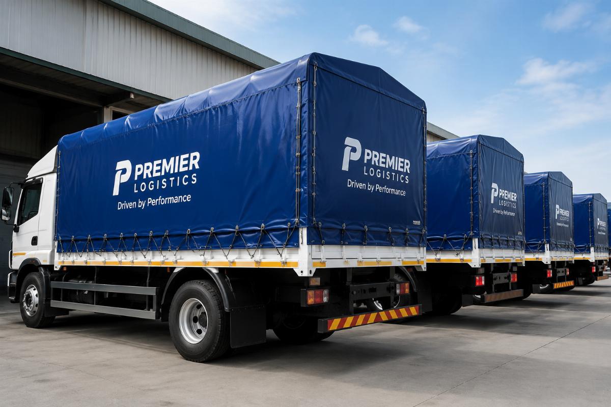 Custom fitted 650 GSM PVC tarpaulin truck covers mounted on a commercial fleet