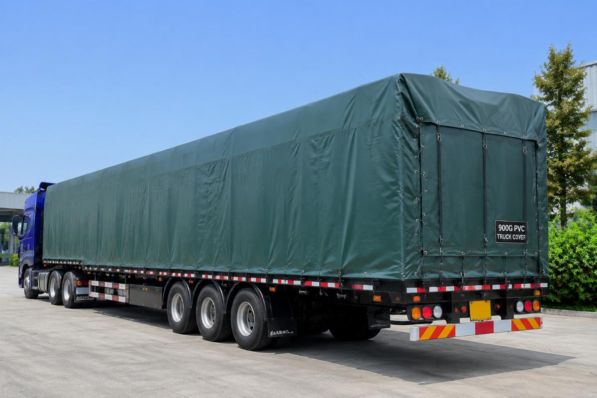 Custom fitted 900g PVC truck cover on long-haul flatbed trailer