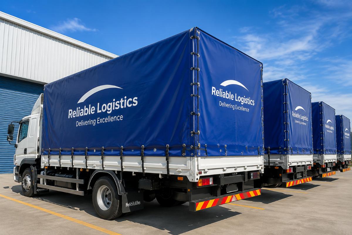 Custom fitted PVC tarpaulin installed on a commercial truck fleet