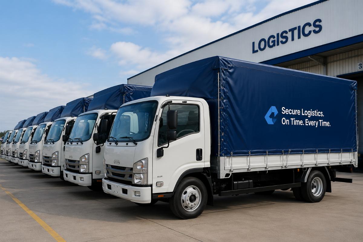 Custom fitted PVC truck covers mounted on a commercial logistics fleet