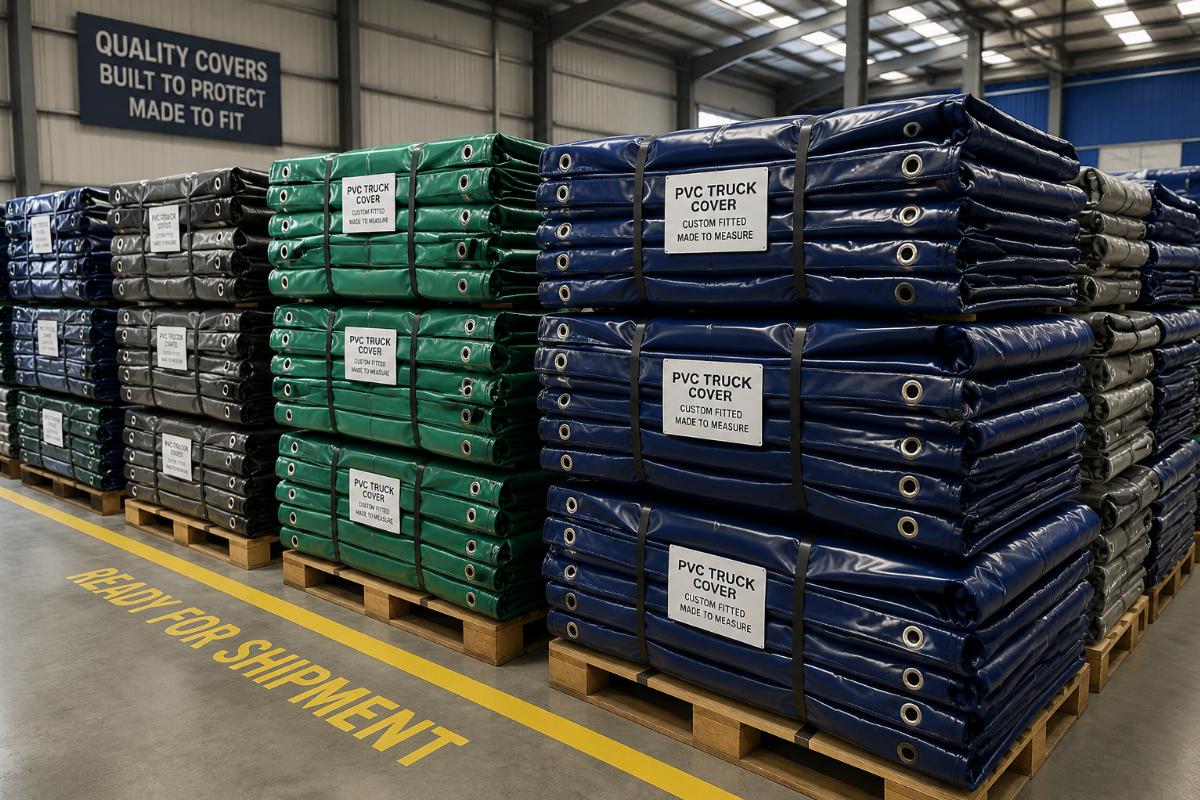 Custom fitted PVC truck covers stacked in a warehouse ready for shipment