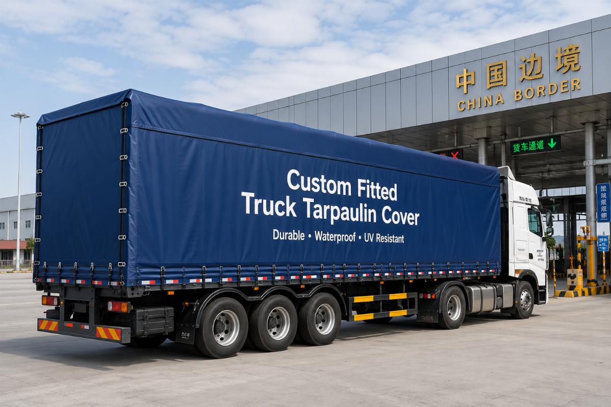 Custom fitted truck tarpaulin cover installed on cross-border haulage vehicle