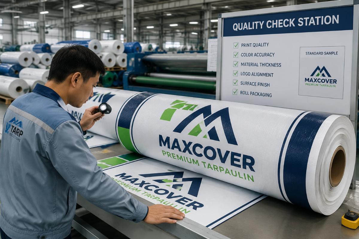 Custom logo printing on rolled PVC tarpaulin in a factory quality check station