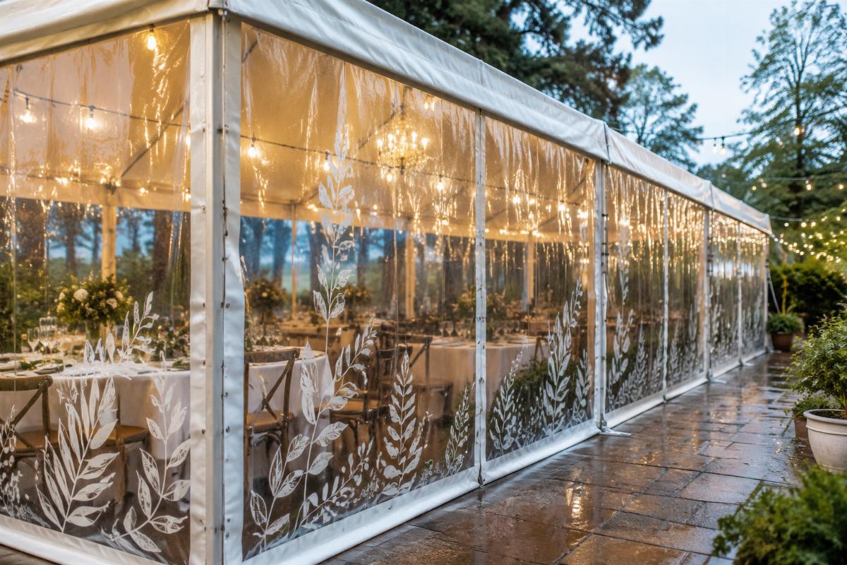 Custom printed clear transparent PVC tarpaulin for event tent enclosures