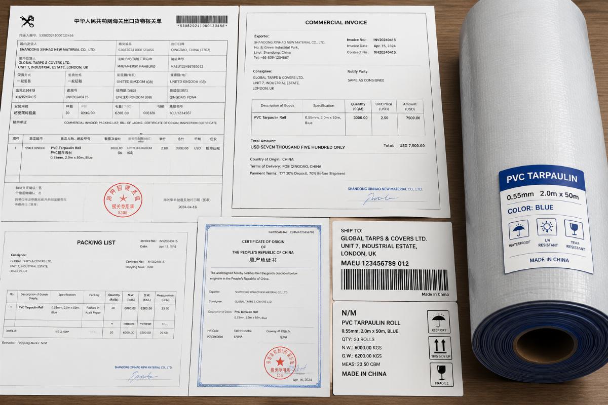 Customs clearance documents and shipping labels for PVC tarpaulin roll orders