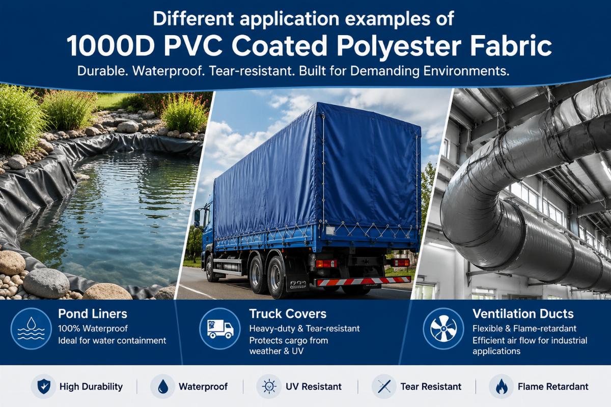 Different application examples of 1000D PVC coated polyester fabric including pond liners, truck covers and ventilation ducts