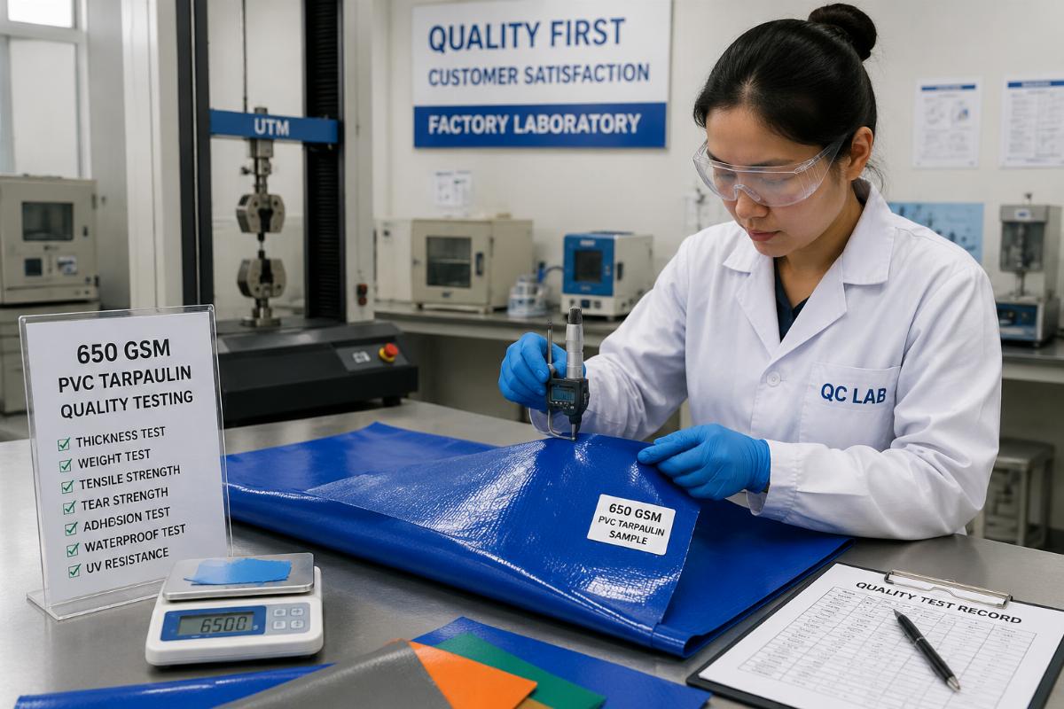 Factory lab conducting quality testing on 650 GSM PVC tarpaulin samples