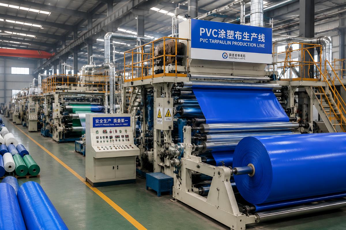 Factory production line running PVC tarpaulin roll manufacturing process