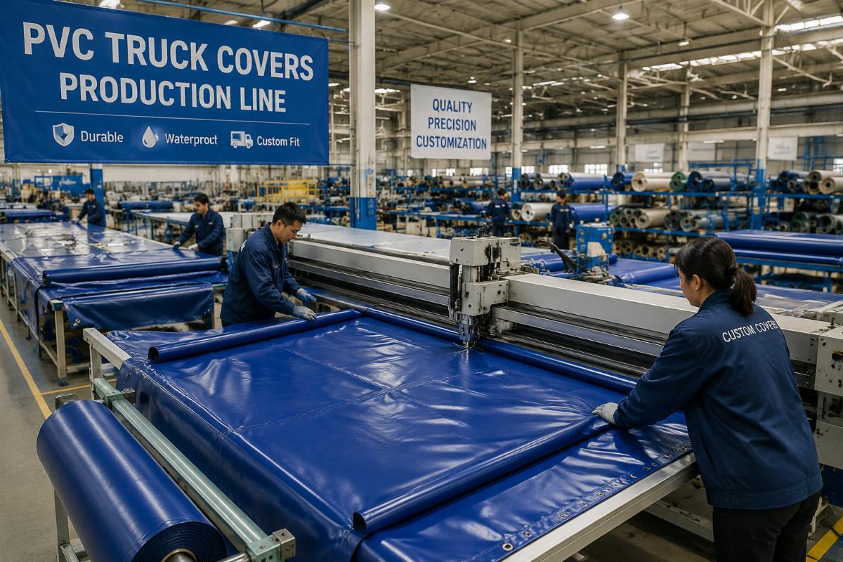 Factory production line with custom PVC truck covers being processed in a dedicated facility