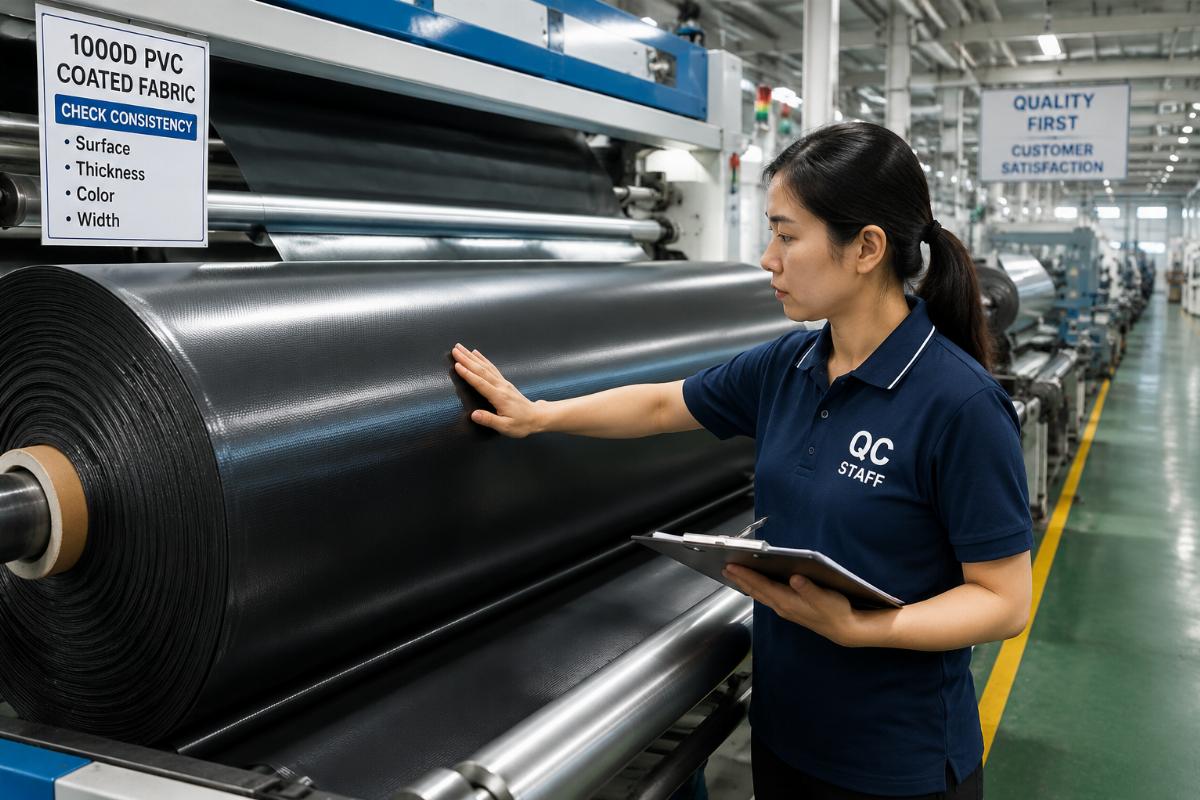 Factory QC staff checking 1000D PVC coated fabric roll consistency on production line