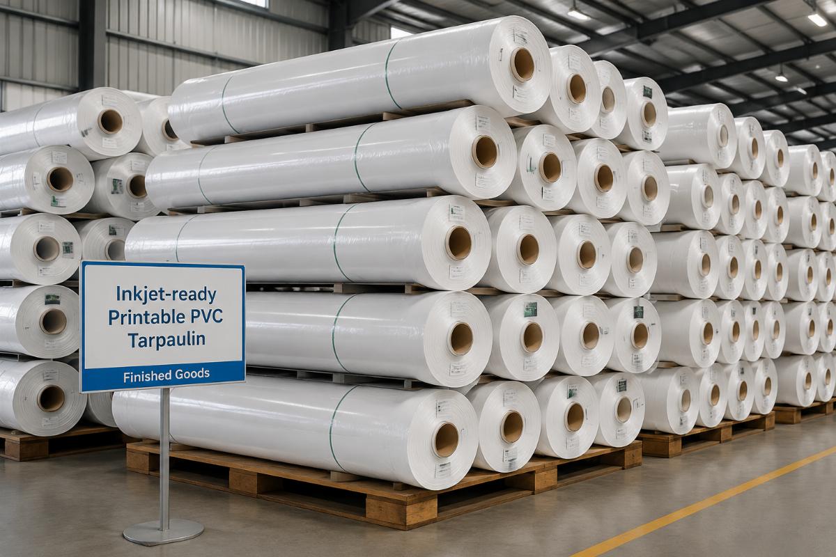 Finished roll of inkjet-ready printable PVC tarpaulin stacked in warehouse