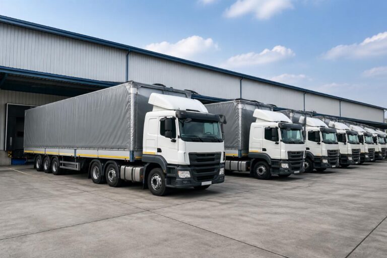 Fleet of heavy-duty trucks parked at a logistics hub with custom fitted PVC covers